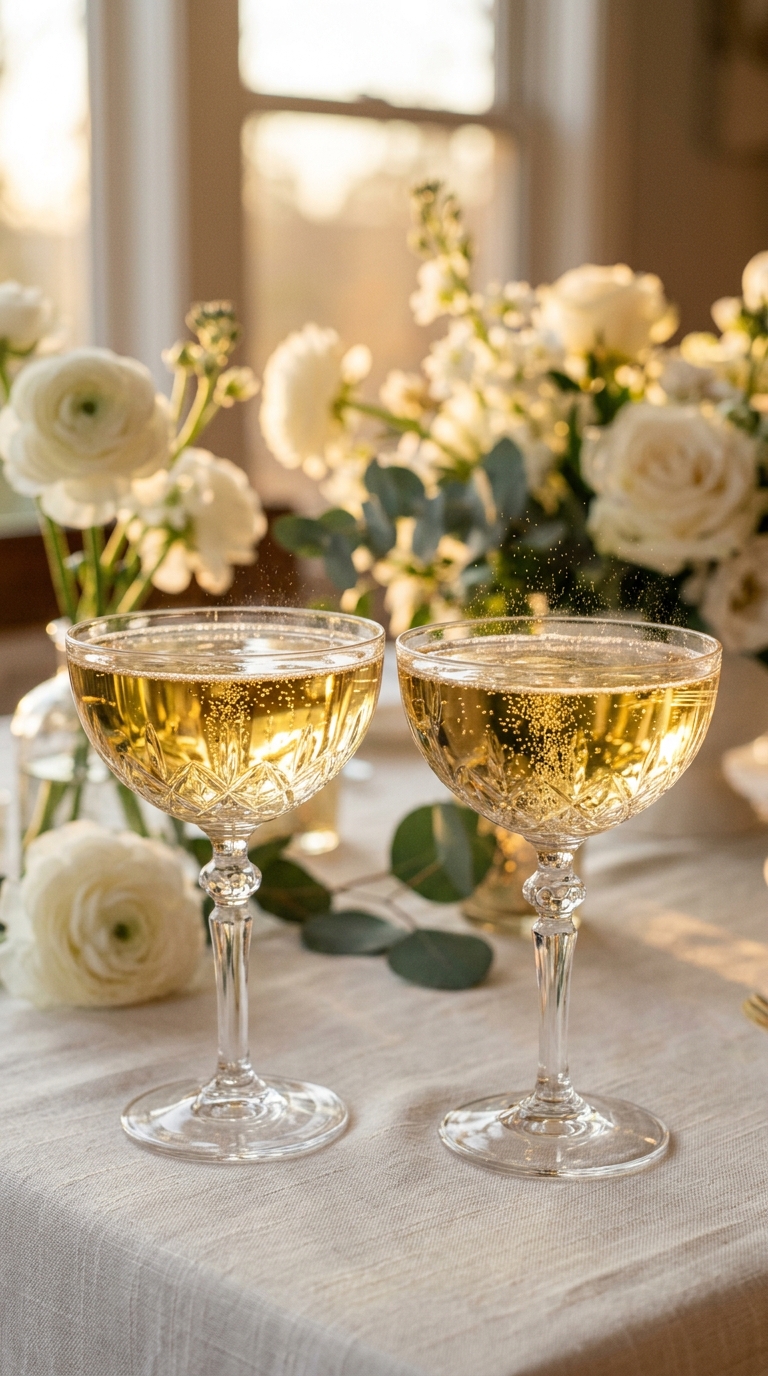 Champagne glasses and white flowers